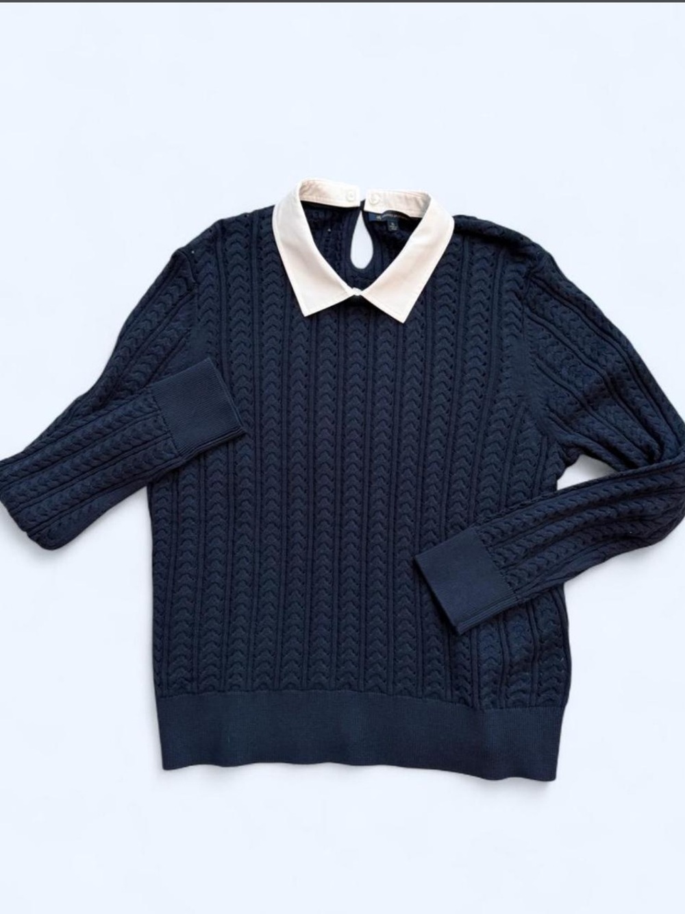 Brooks Brothers Navy Cable Knit Crewneck Sweater with Cream Contrast Collar